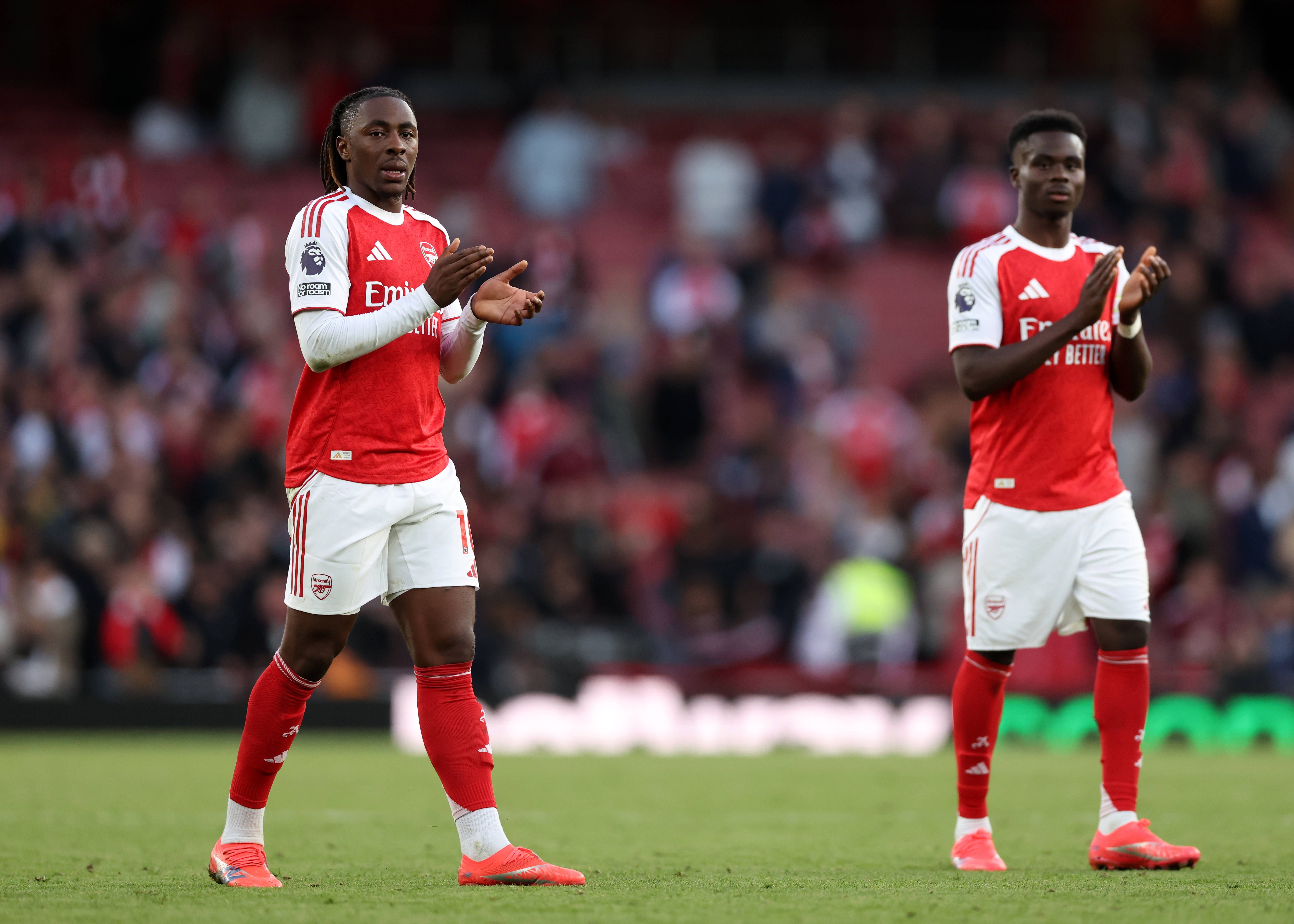 Eberechi Eze of Arsenal with Bukayo Saka of Arsenal 