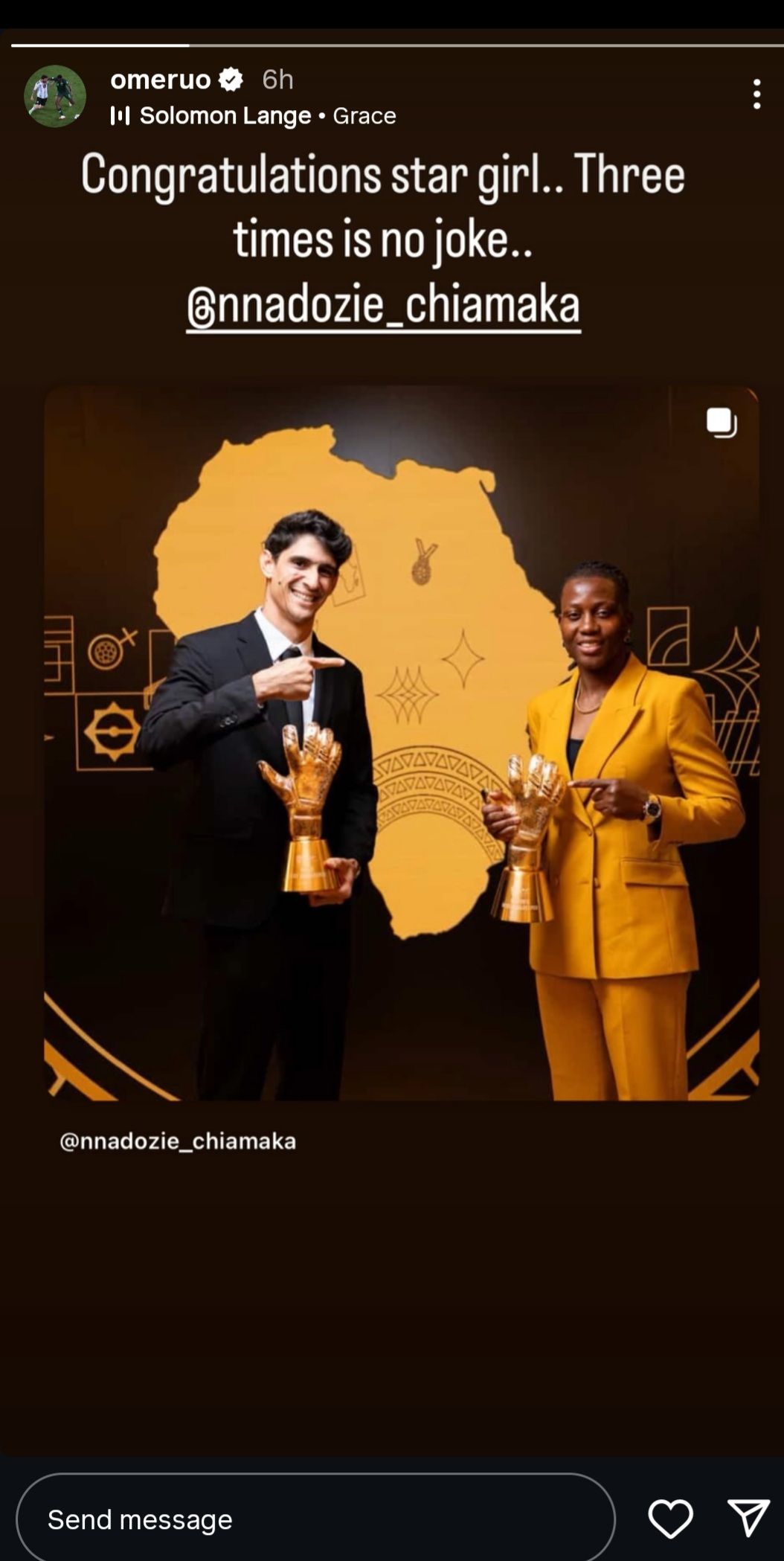 Super Falcons' Chiamaka Nnadozie poses with Bono of Morocco. 