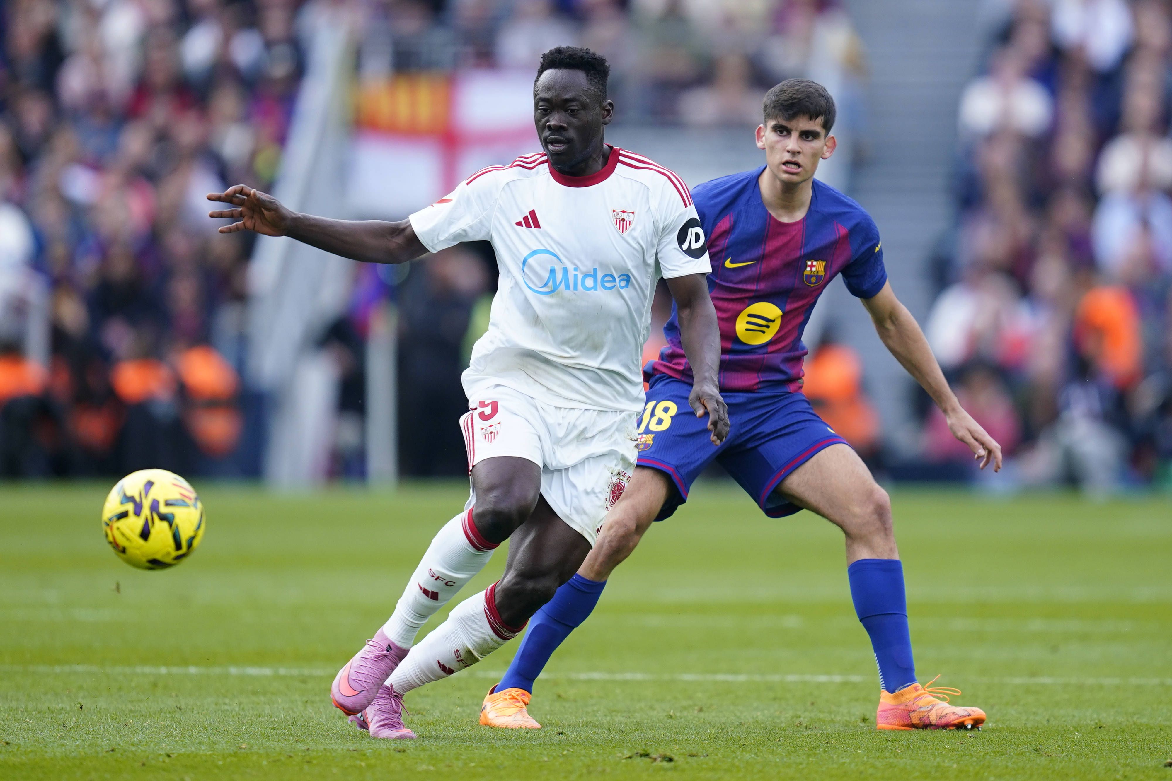 Akor Adams of Sevilla FC during La Liga EA Sports match between FC Barcelona and Sevilla FC played at Spotify Camp Nou Stadium on 15 March
