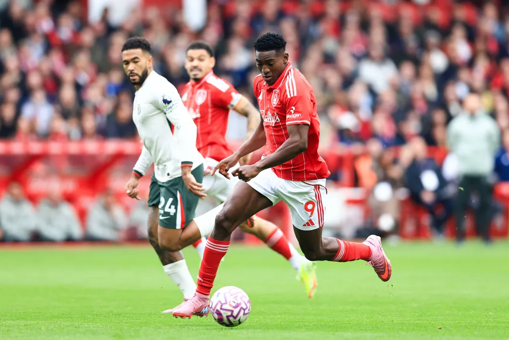 Taiwo Awoniyi runs with the ball during the Nottingham Forest vs Chelsea Premier League match at the City Ground