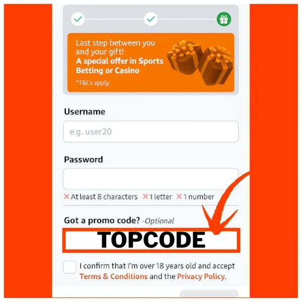 Betano promo code TOPCODE highlighted with a red box and arrow in the registration form.
