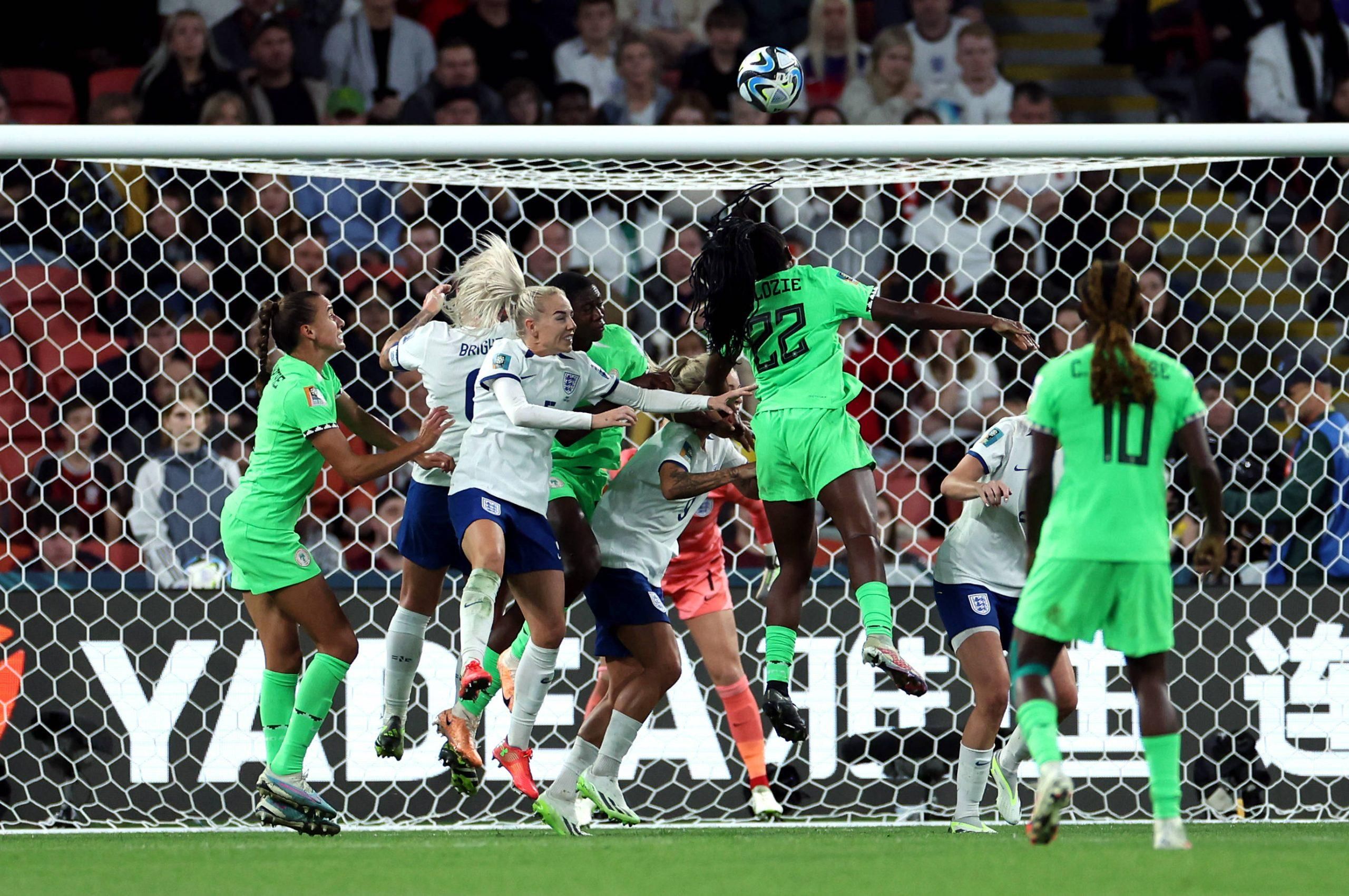 Michelle Alozie attempts a header towards goal during the FIFA Women's World Cup, Round of 16 match