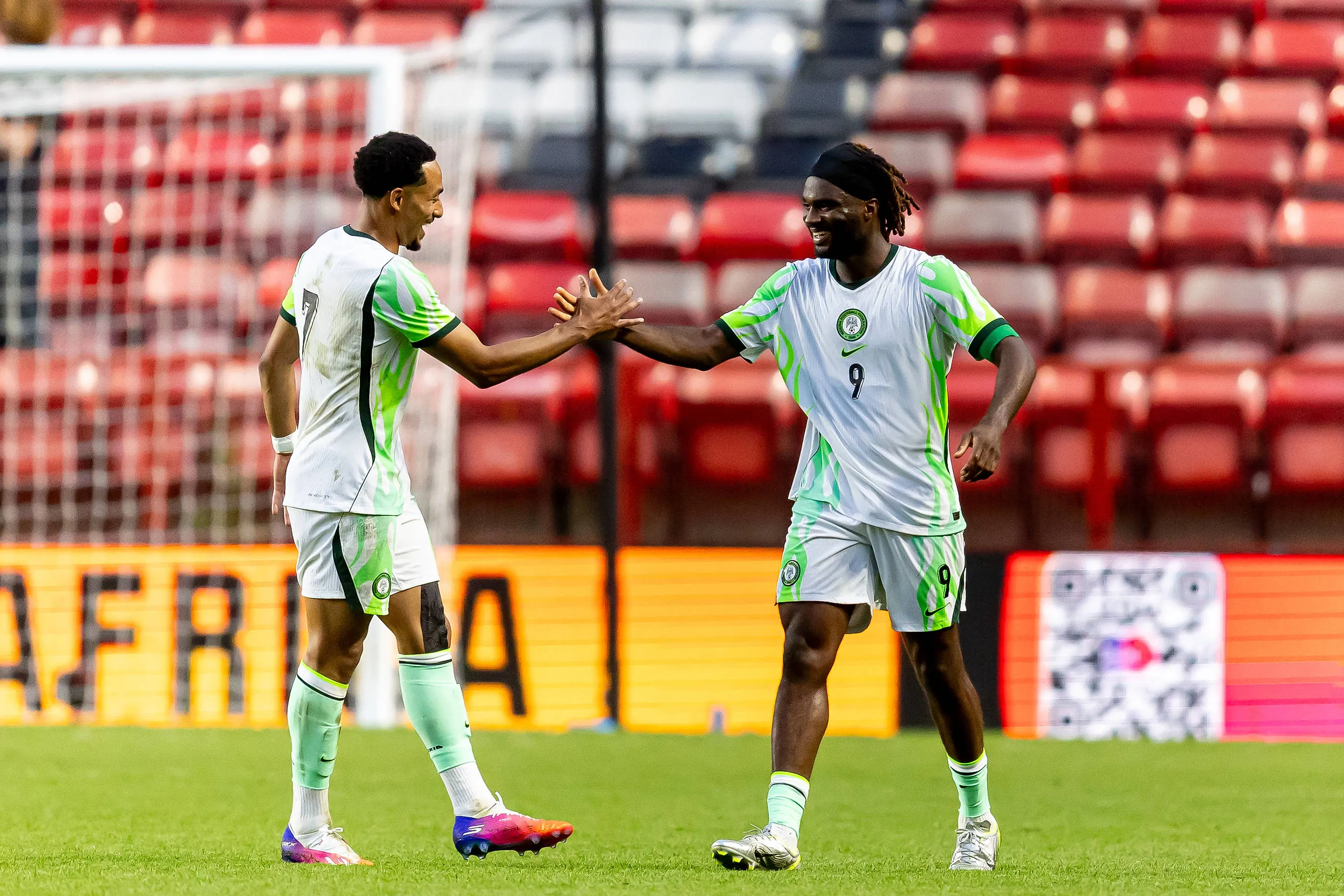 Terem Moffi celebrate with Femi Azeez in Super Eagles
