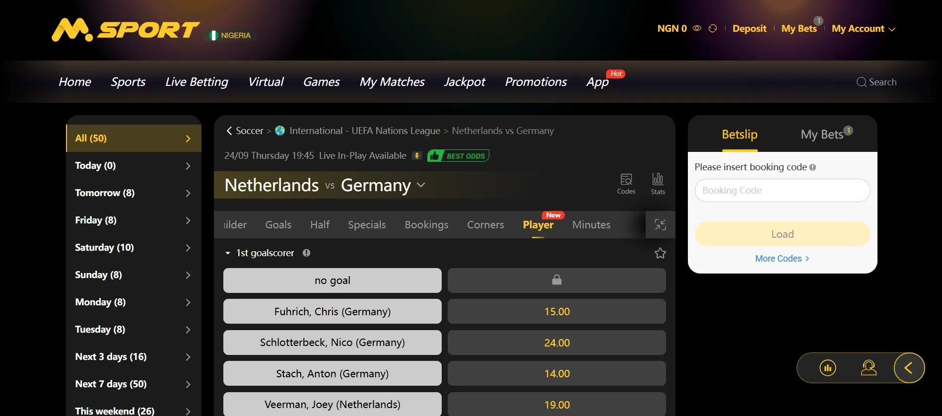 MSport player props markets for Netherlands vs Germany