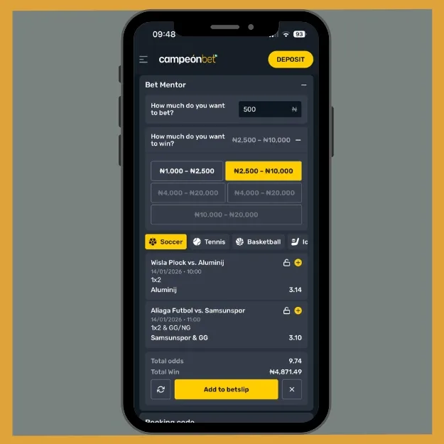 Campeonbet bet method feature that shows possible matches and fixtures.