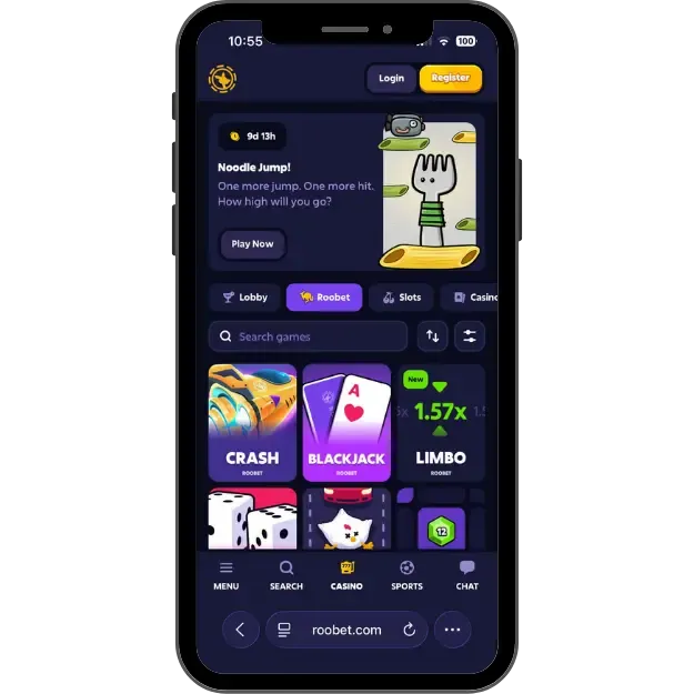Roobet crypto casino homepage with Roobet original games like Crash, Blackjack, and Limbo.
