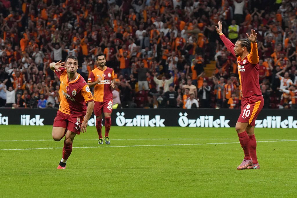 Yunus Akgun celebrates after scoring the first goal of his team with Leroy Sane during the Trendyol Turkish Super League match between Galatasaray SK and Konyaspor at Rams Park Stadium on September 22, 2025 in Istanbul, Turke