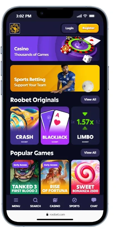 Roobet mobile betting site landing page.