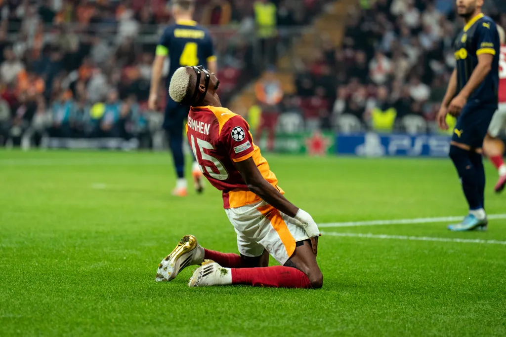 Victor Osimhen reacts during the UEFA Champions League match between Galatasaray and Bodo Glimt at the Rams Park in Istanbul