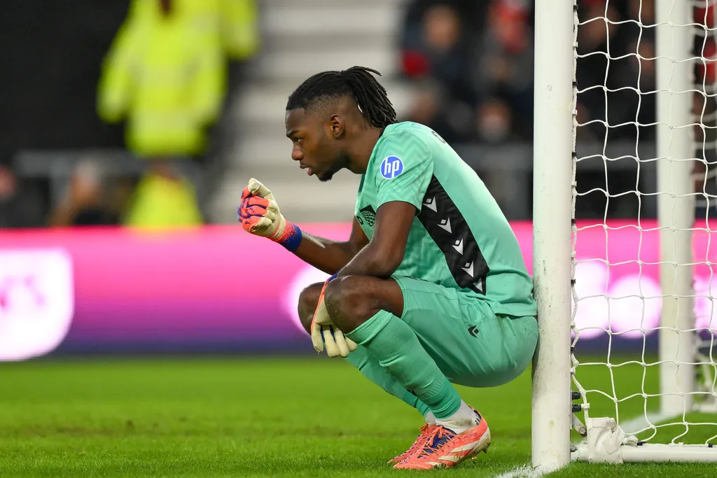 Super Eagles eligible goalie Arthur Okonkwo plays during the Sky Bet Championship match between Derby County and Wrexham