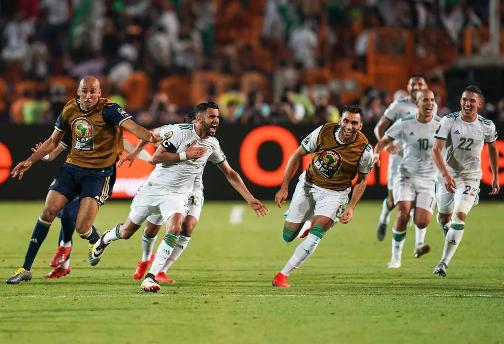 Riyad Karim Mahrez celebrating the goal to 2-1 during the 2019 African Cup of Nations match between Algeria and Nigeria