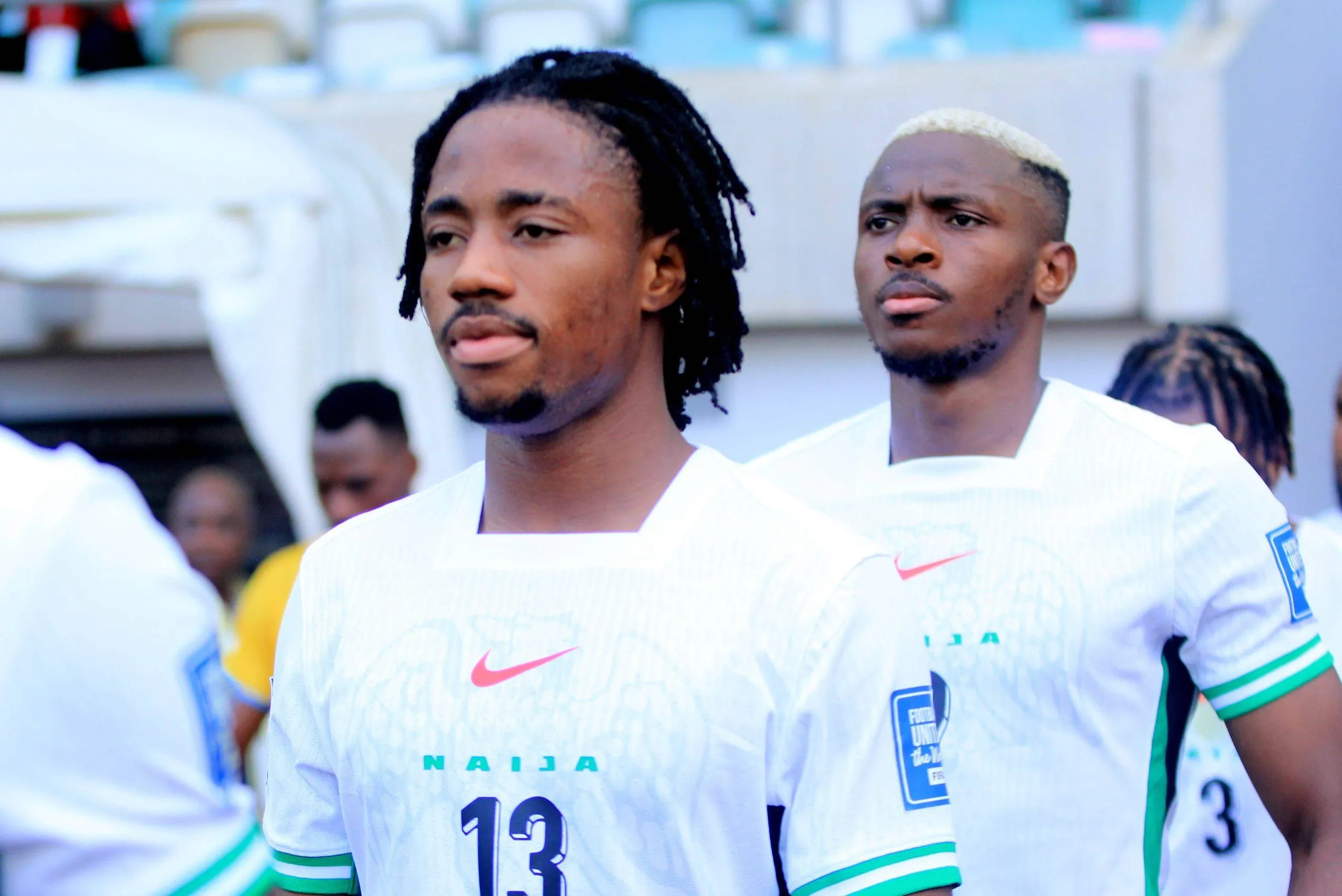 Benjamin Fredrick and Victor Osimhen of Nigeria during the 2026 FIFA World Cup qualifying match between the Super Eagles and the Amavubi of Rwanda