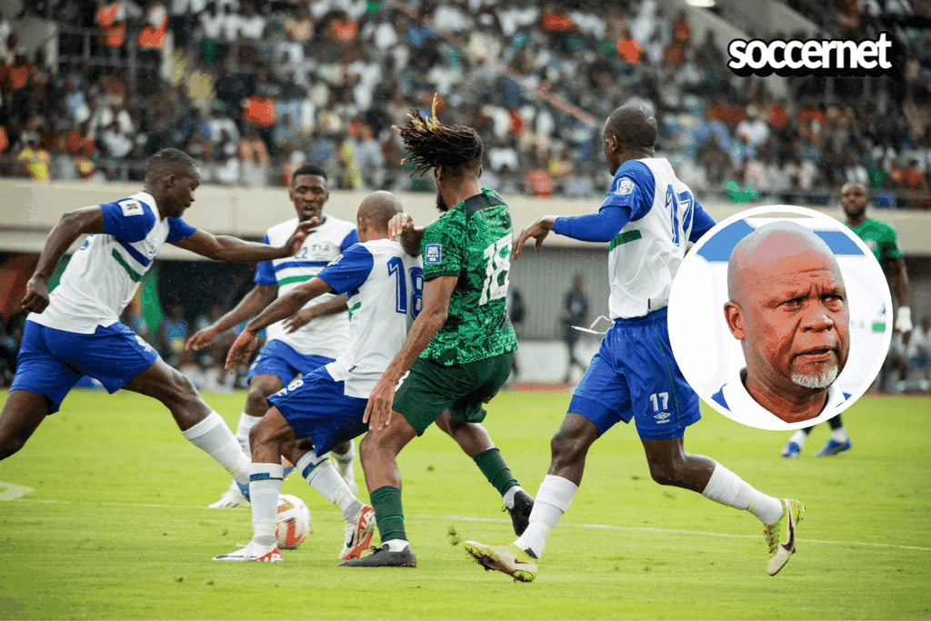 The Super Eagles of Nigeria in action against the Crocodiles of Lesotho at the Godswill Akpabio International Stadium in Uyo, and their coach Leslie Notši