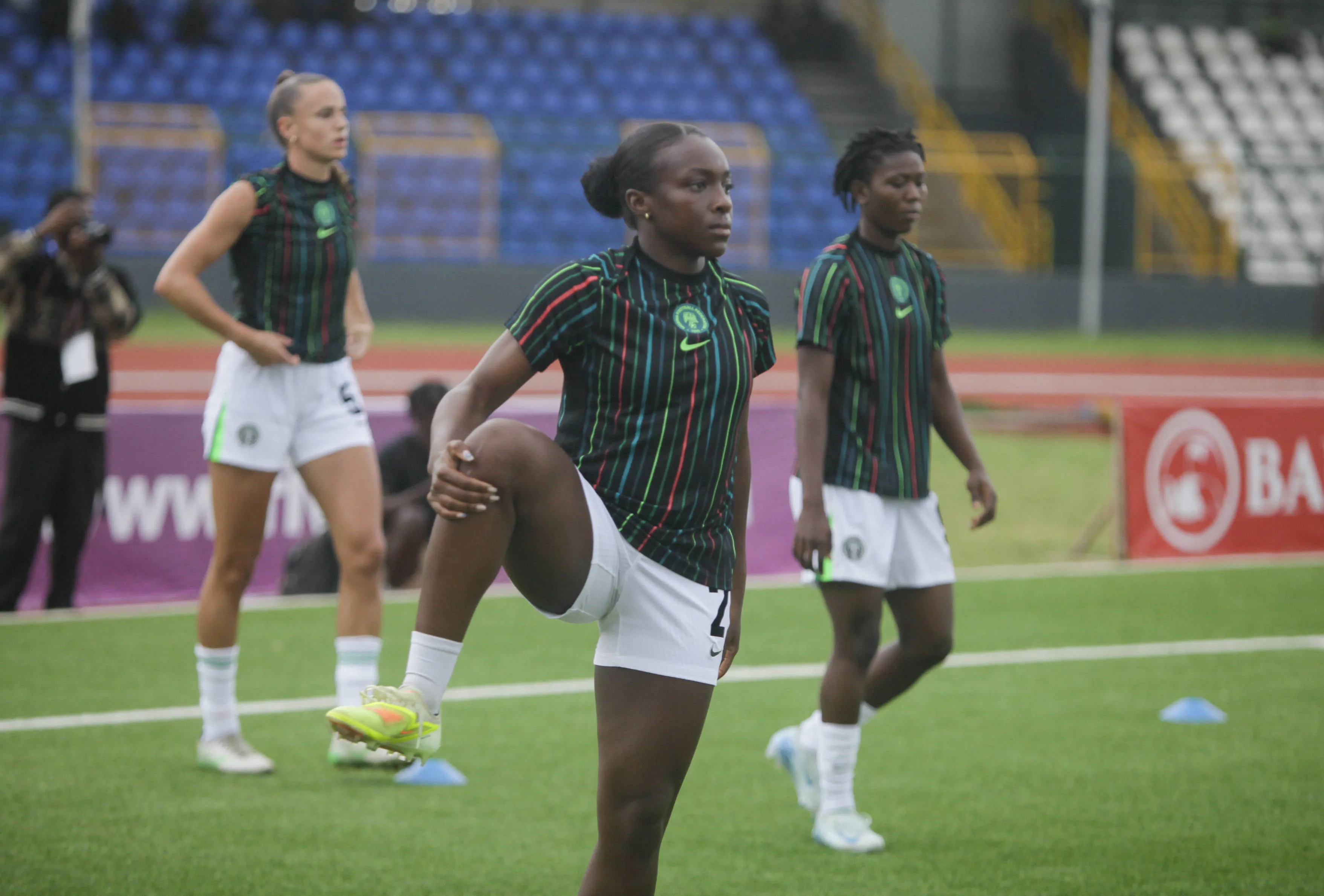 Michelle Chinwe Alozie, a player for the Super Falcons, warms up as Nigeria s Super Falcons qualify for the Women Africa Cup of Nations WAFCON 2026 after playing a 1-1 draw 3-1 aggregate with Benin Republic s Amazons in the second leg of the WAFCON 2026 qualifying match at MKO Abiola Sports Arena in Abeokuta, Ogun State, on October 28, 2025.