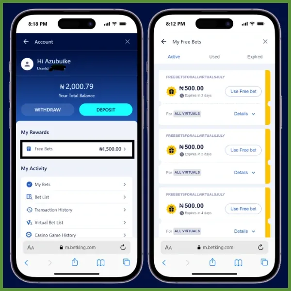 Side-by-side mobile screenshots from our verified BetKing account showing a ₦1,500 free bet balance and three ₦500 free bets credited after registering with the BetKing referral code KINGNET2.
