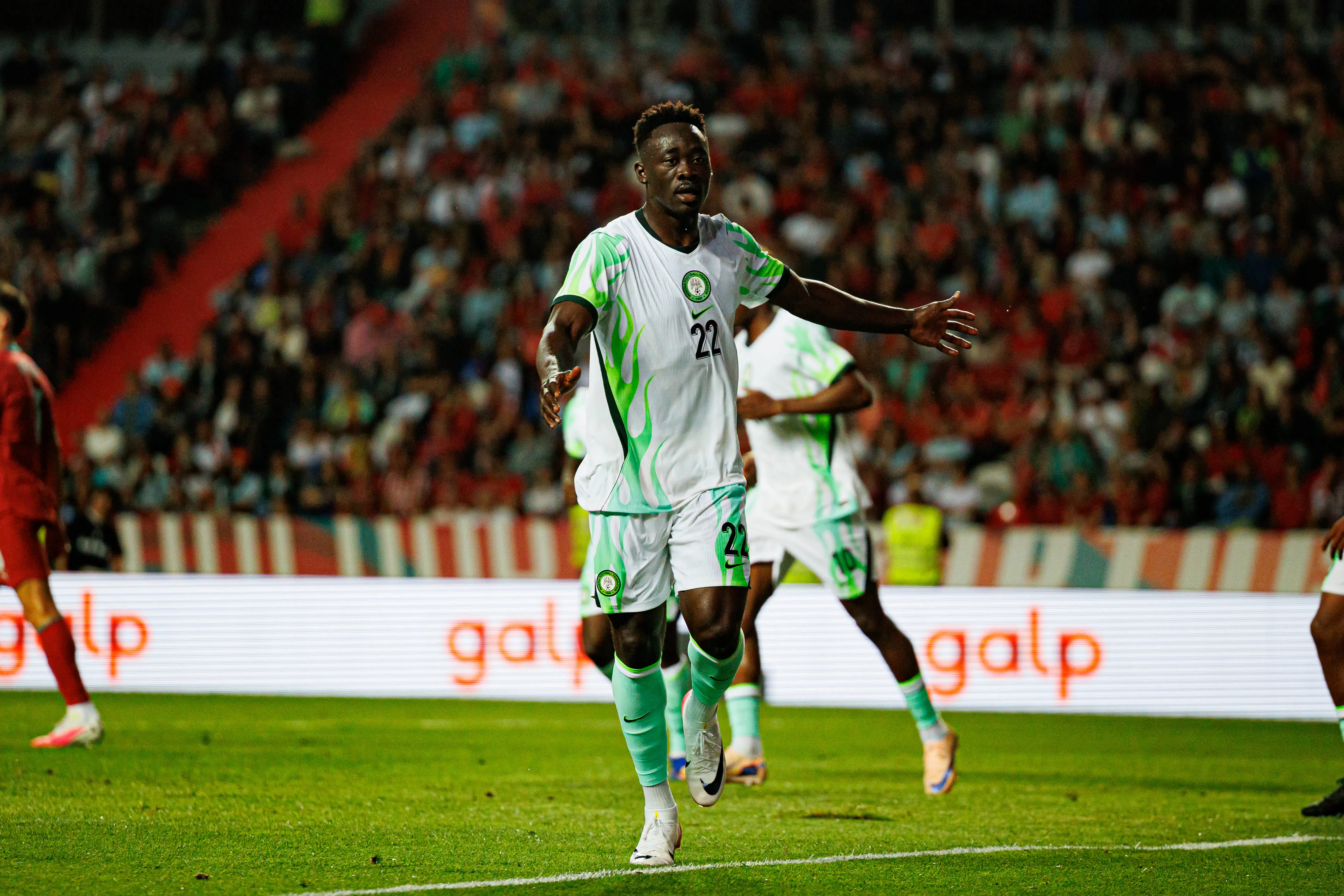 Akor Adams seen celebrating after scoring a goal against Portugal
