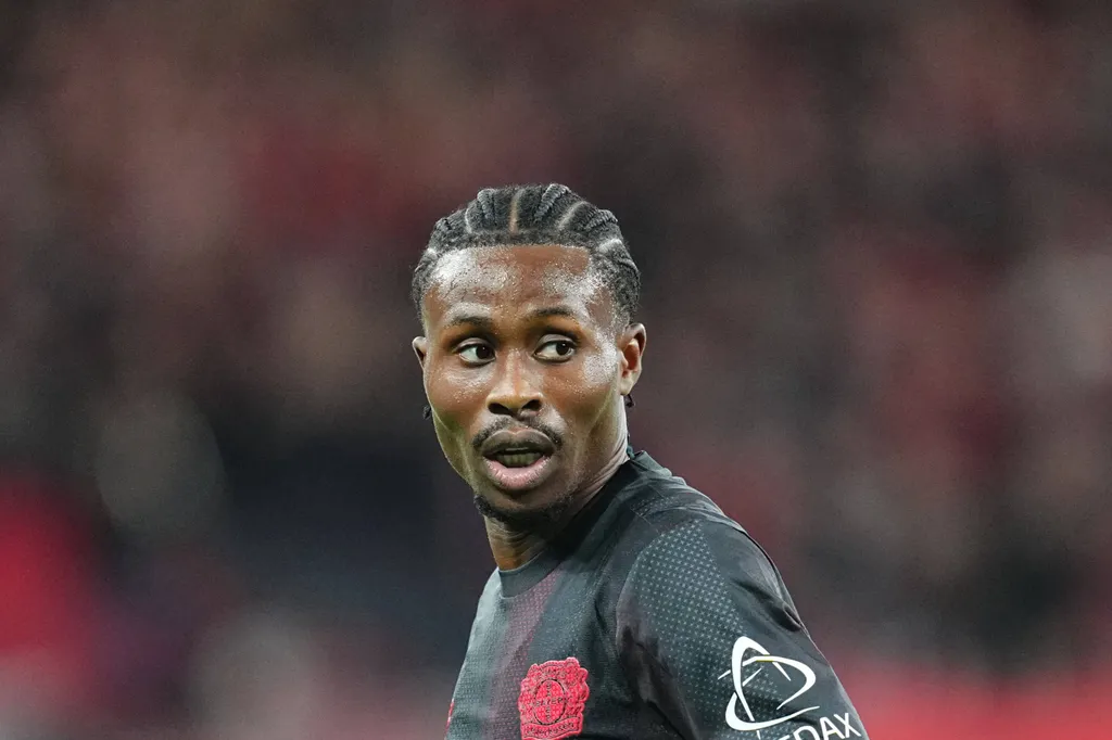 Nathan Tella looks on during the Bundesliga match between Bayer 04 Leverkusen and Eintracht Frankfurt at BayArena