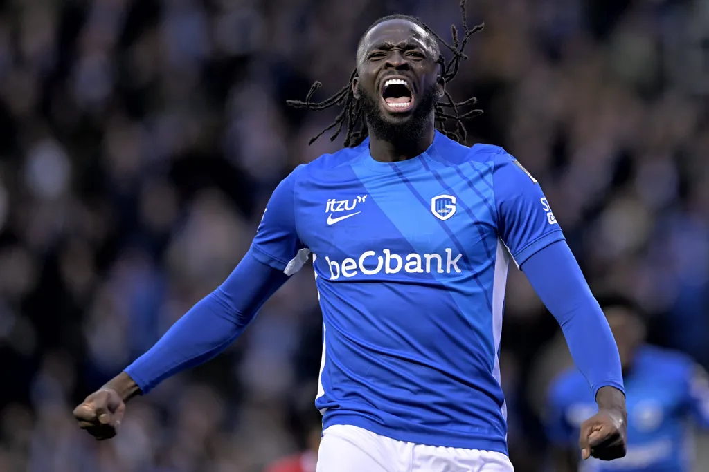 Tolu Arokodare forward of KRC Genk celebrates scoring a goal during the Jupiler Pro League Champions Play-Off match between KRC Genk and KAA Gent