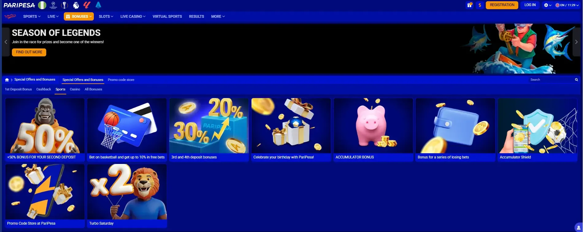 Paripesa promotions page with bonus offers for existing players.