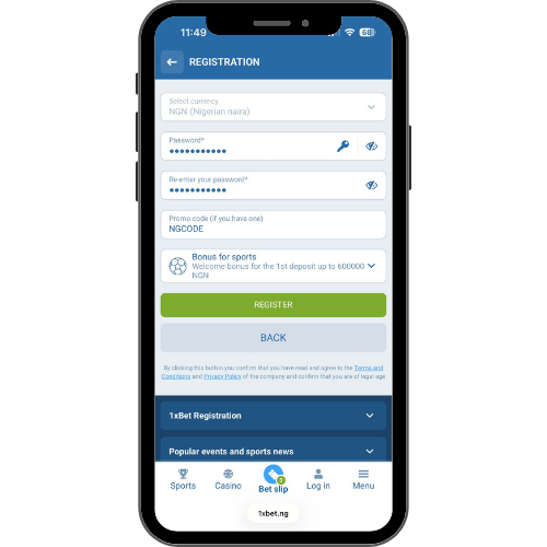 1xBet app registration with the promo code NGCODE and a bonus for sports option as a welcome offer.
