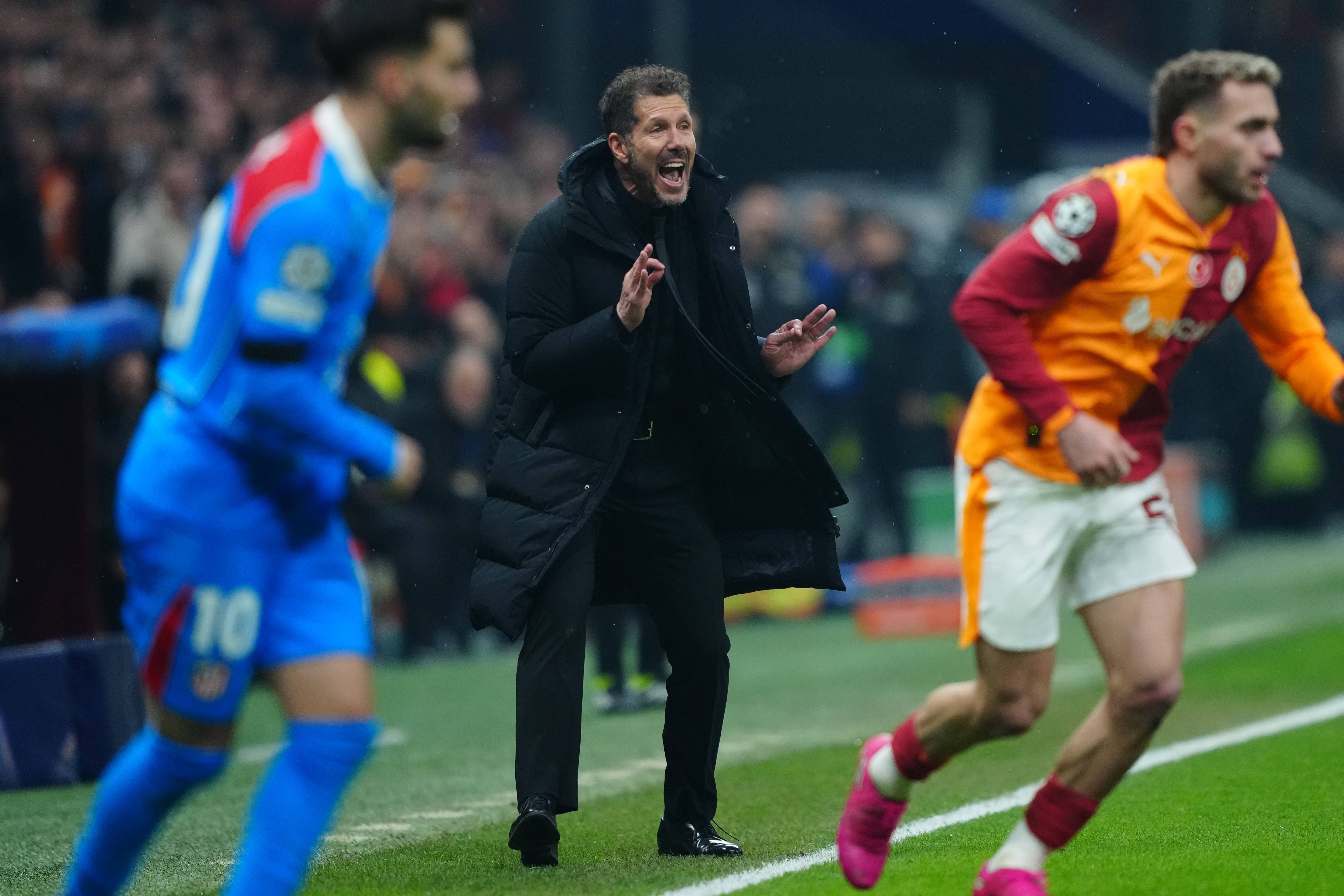 Diego Simeone, head coach of Atlético de Madrid gestures during the UEFA Champions League match against Galatasaray SK