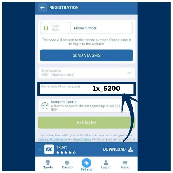 1xBet registration form with code 1x_5200 entered in the promo code box.