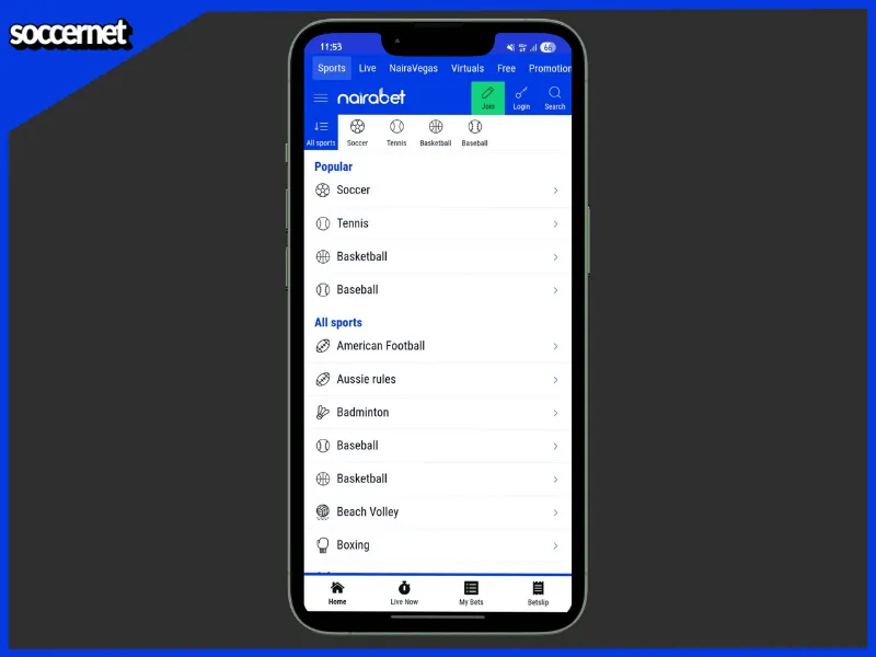 Sports betting options on the Nairabet app, including football