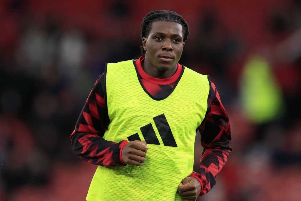 Patrick Dorgu during the warm-up ahead of the Premier League match between Manchester United and Chelsea at Old Trafford, Manchester, England on 20 September 2025