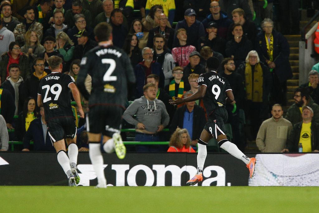 Josh Maja celebrates scoring his sides 1st goal during the Sky Bet Championship match at Carrow Road, Norwich UK