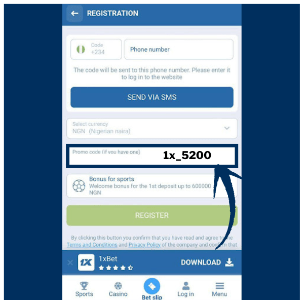 1xBet registration form with promo code 1x_5200 entered in promo code box.