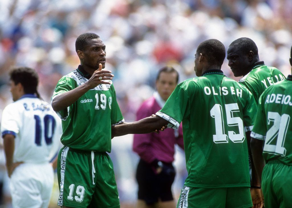 Michael Emenalo, Sunday Oliseh, Rasheed Yekini at the World Cup 1994 international match between Nigeria vs Italy