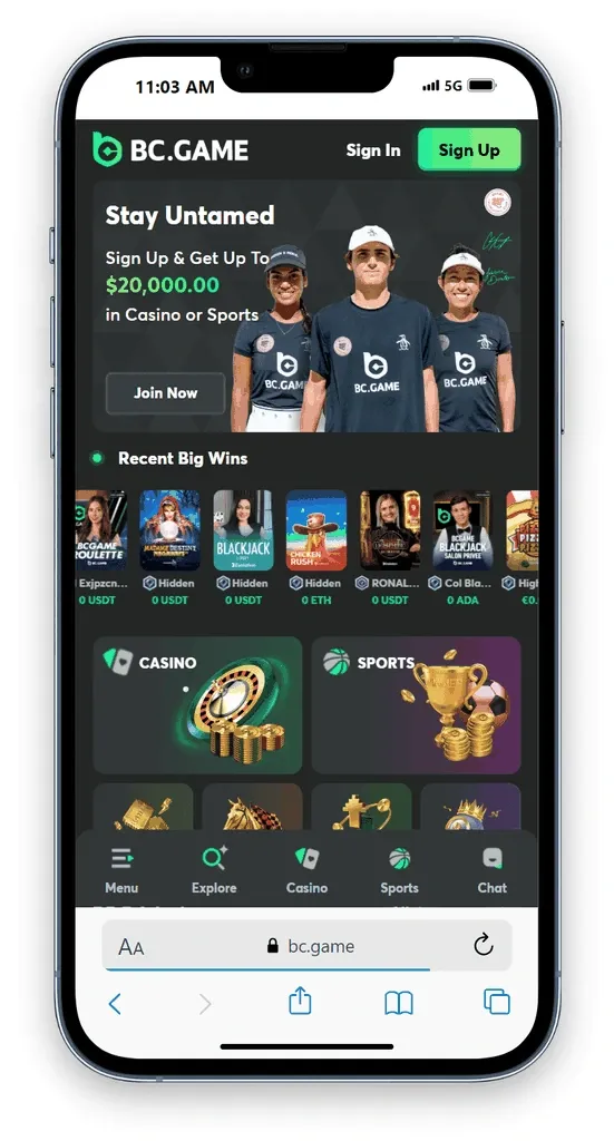 BC.GAME landing page on mobile.