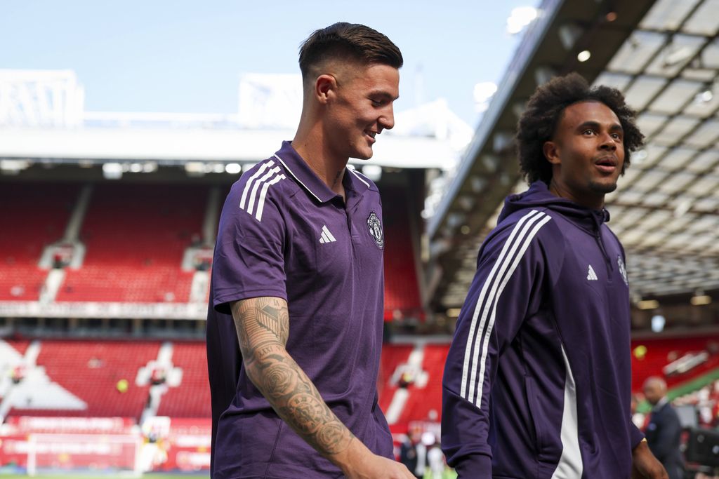 Benjamin Sesko and Joshua Zirkzee pitch walk during the Manchester United FC v Arsenal FC English Premier League match at Old Trafford, Manchester, England