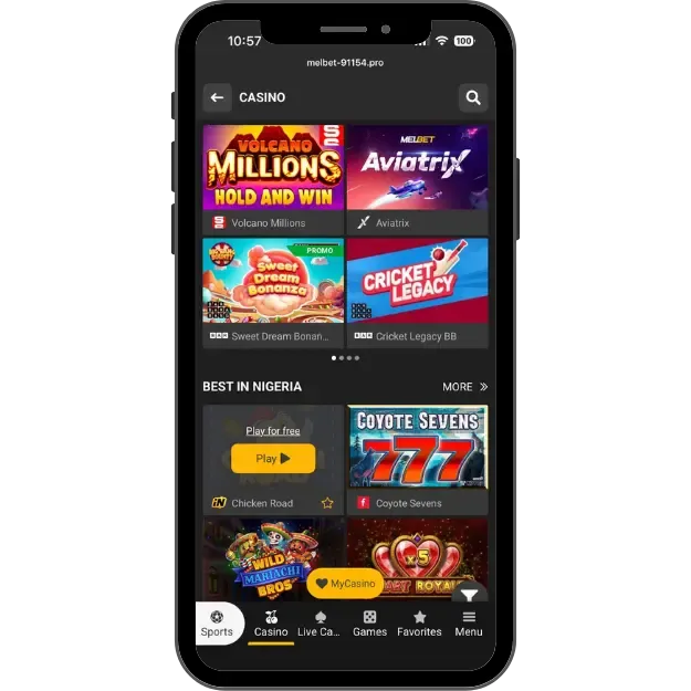 Melbet crypto casino homepage with Best in Nigeria category for popular games. 