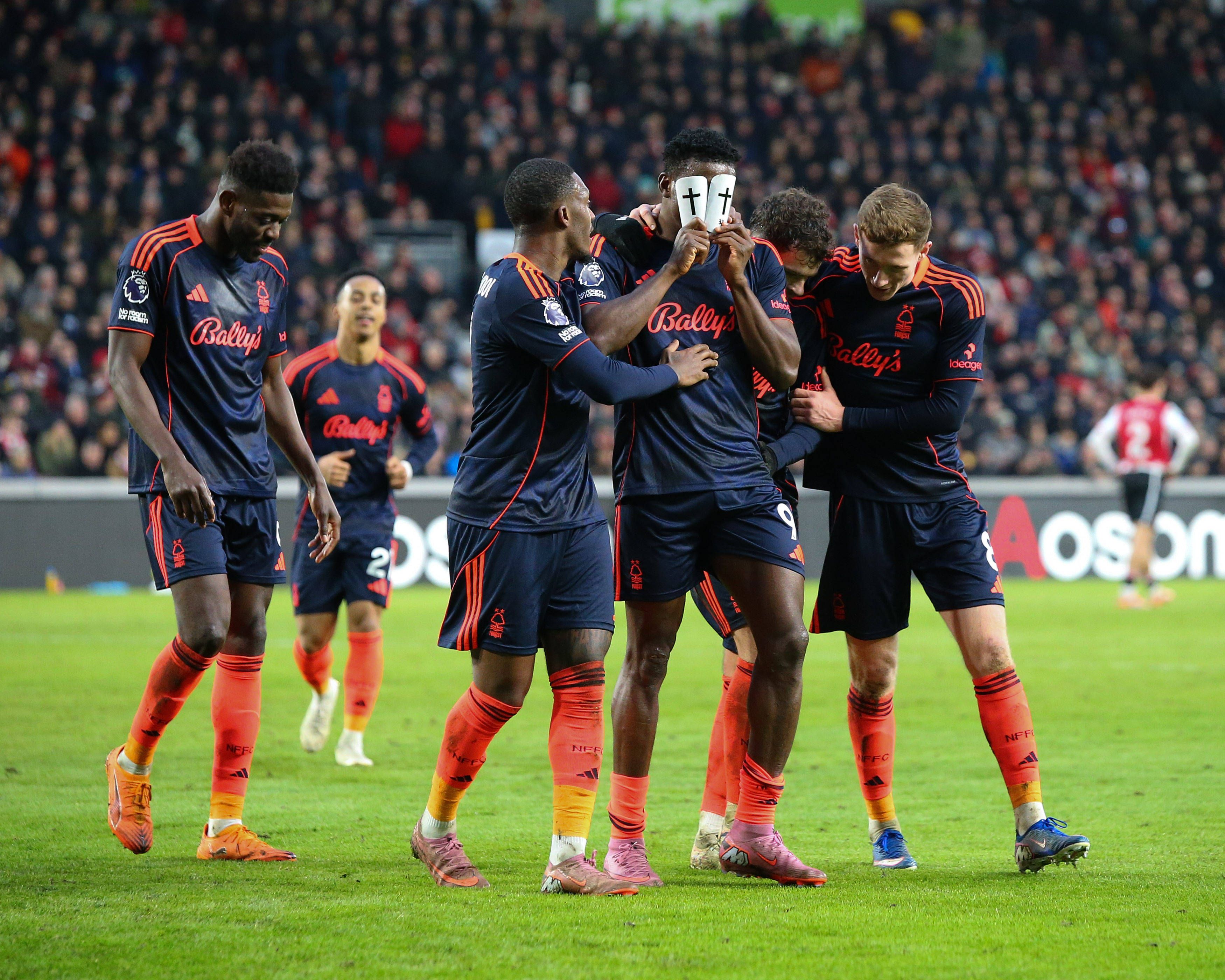 Taiwo Awoniyi celebrates goal to make it 2-0 during the Premier League game between Brentford and Nottingham Forest 