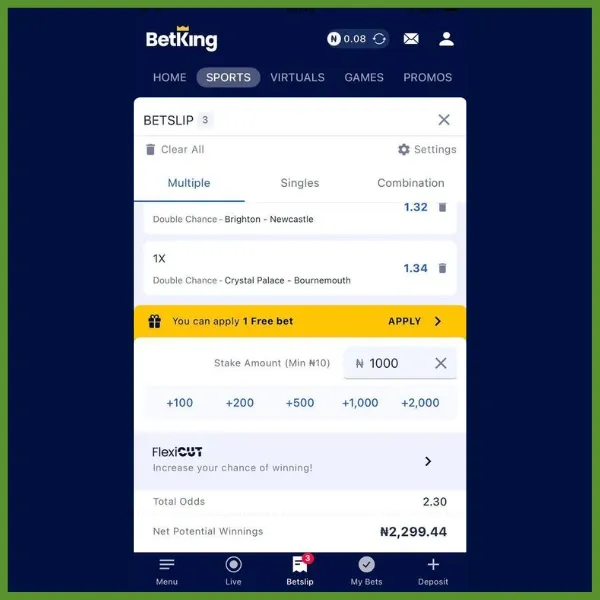 BetKing bet slip showing a 2-selection accumulator for Brighton vs Newcastle and Crystal Palace vs Bournemouth, 2.30 odds with ₦1,000 free bet stake.