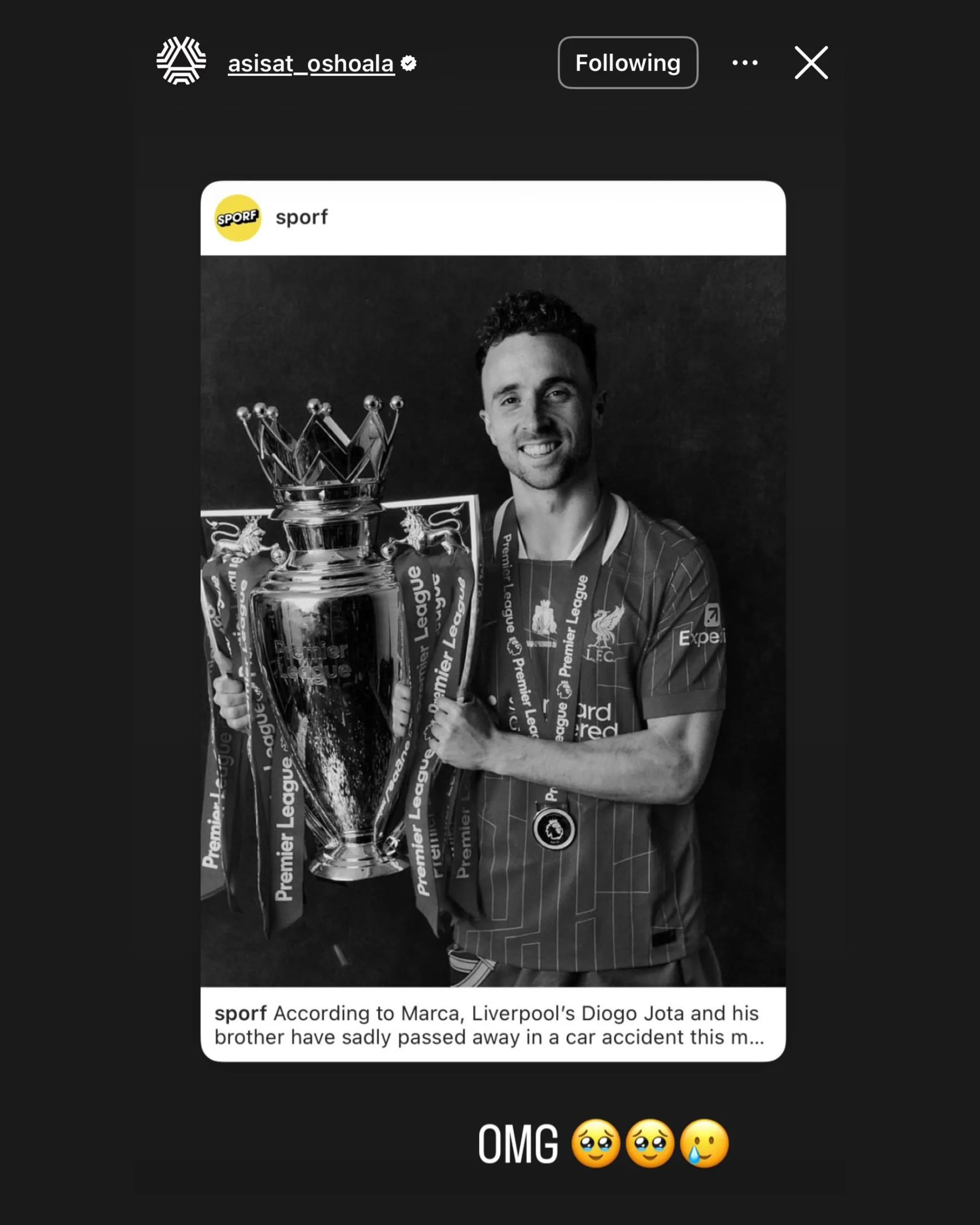 Asisat Oshoala reacts to Diogo Jota's death 