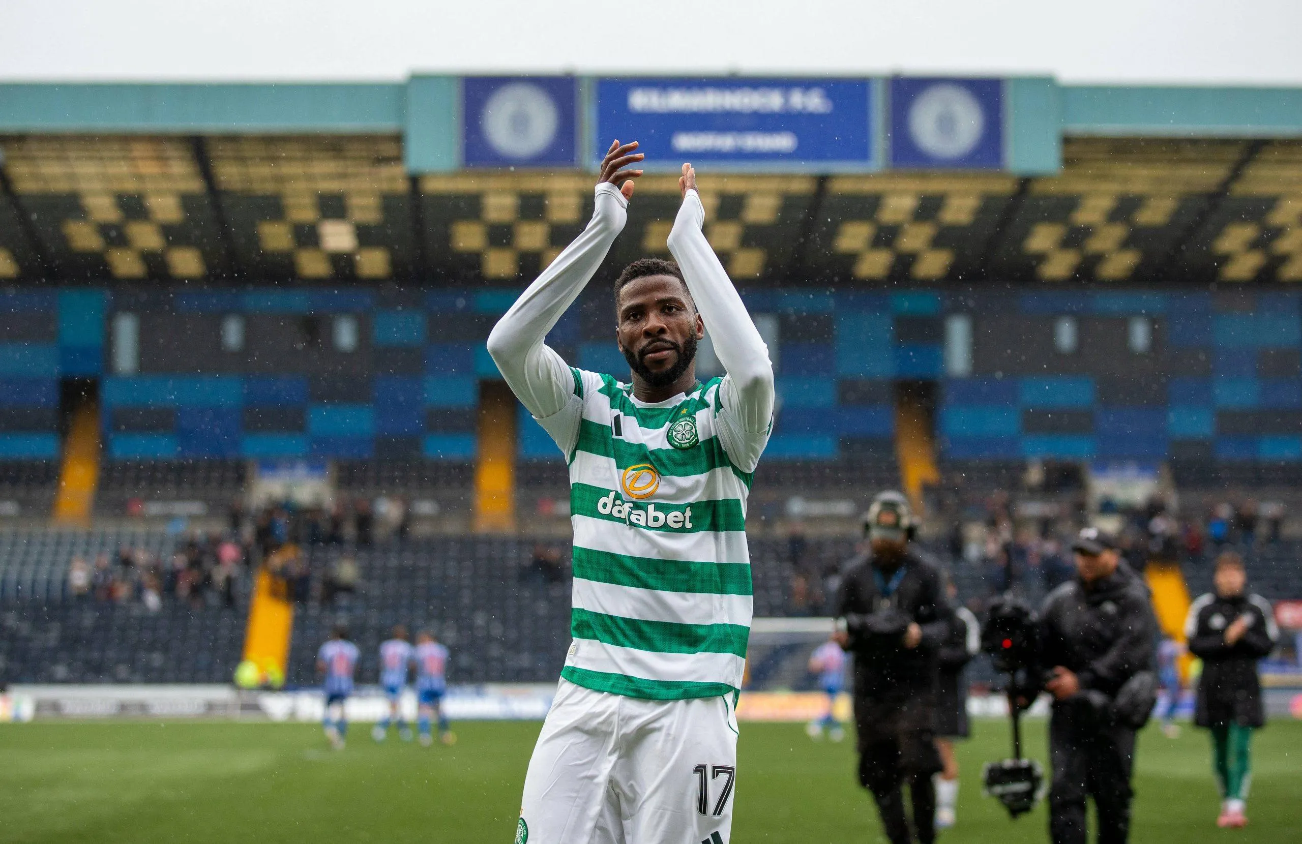 Scottish Premiership Football, Kilmarnock versus Celtic Kelechi Iheanacho of Celtic celebrates to the fans after the match