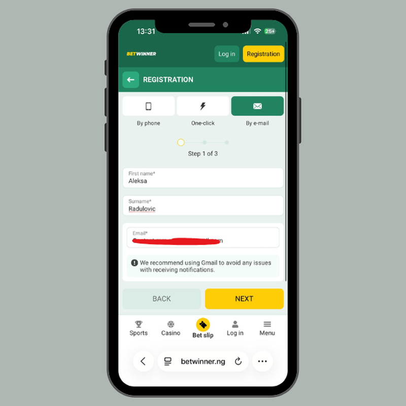 Betwinner email registration page showing name, surname and email fields.