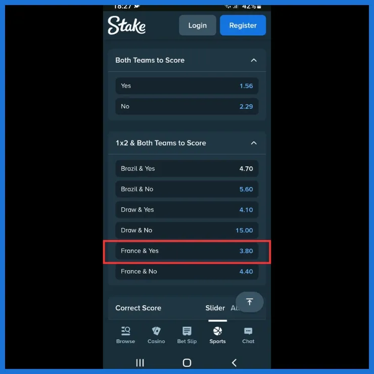 BTTS & Match Result illustrated using Brazil vs France on Stake. “France & Yes” is offered at 3.80 odds, highlighted by a red box.
