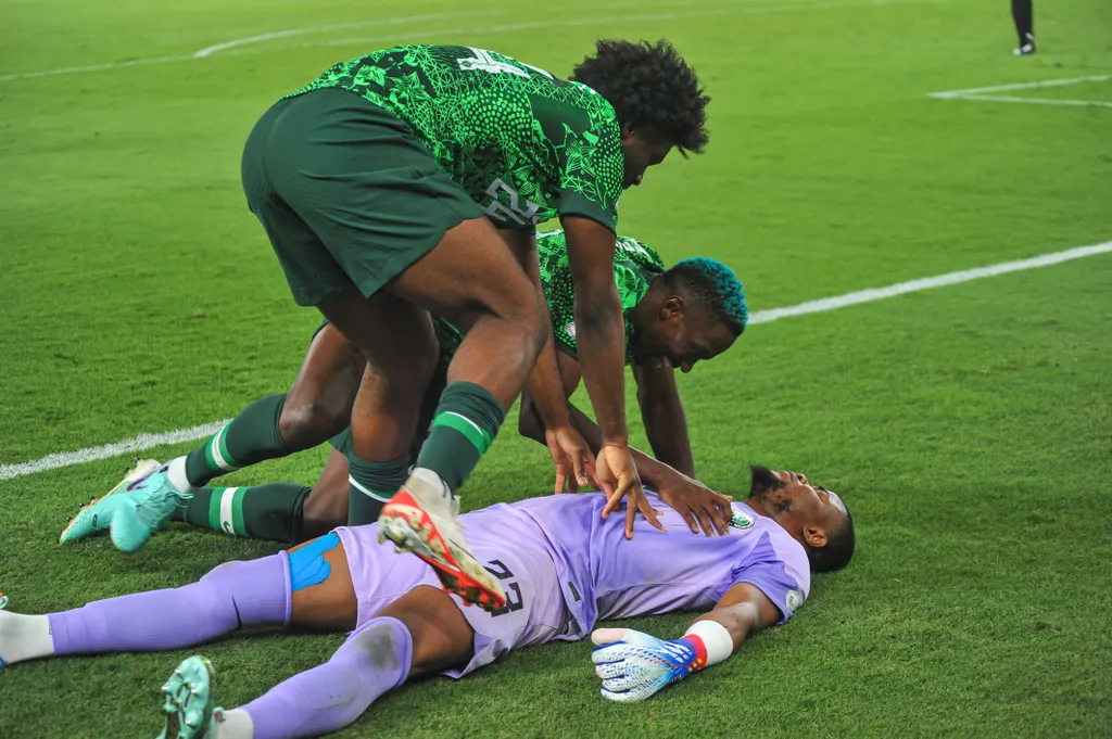 Terem Moffi,Kenneth Omeruo and Stanley Nwabali of Nigeria during the Afcon 2023 Semi Final match between Nigeria and South Africa at Stade de la Paix on February 7, 2024 in Bouake, Cote d Ivore
