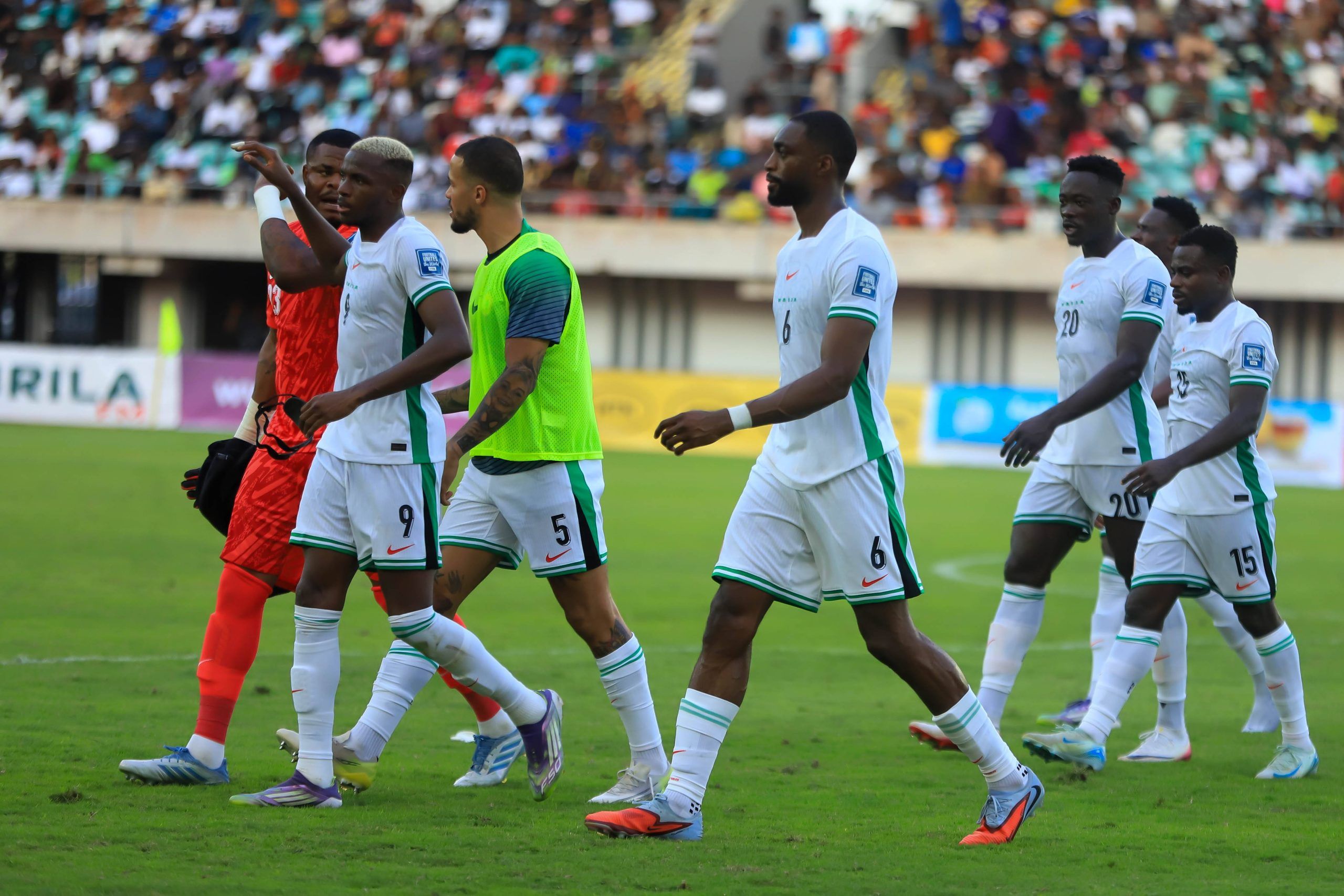 Victor Osimhen, Semi Ajayi and William Ekong Troost during the 2026 FIFA World Cup qualifier between Super Eagles of Nigeria and Benin Republic at Godwill Akpabio Stadium