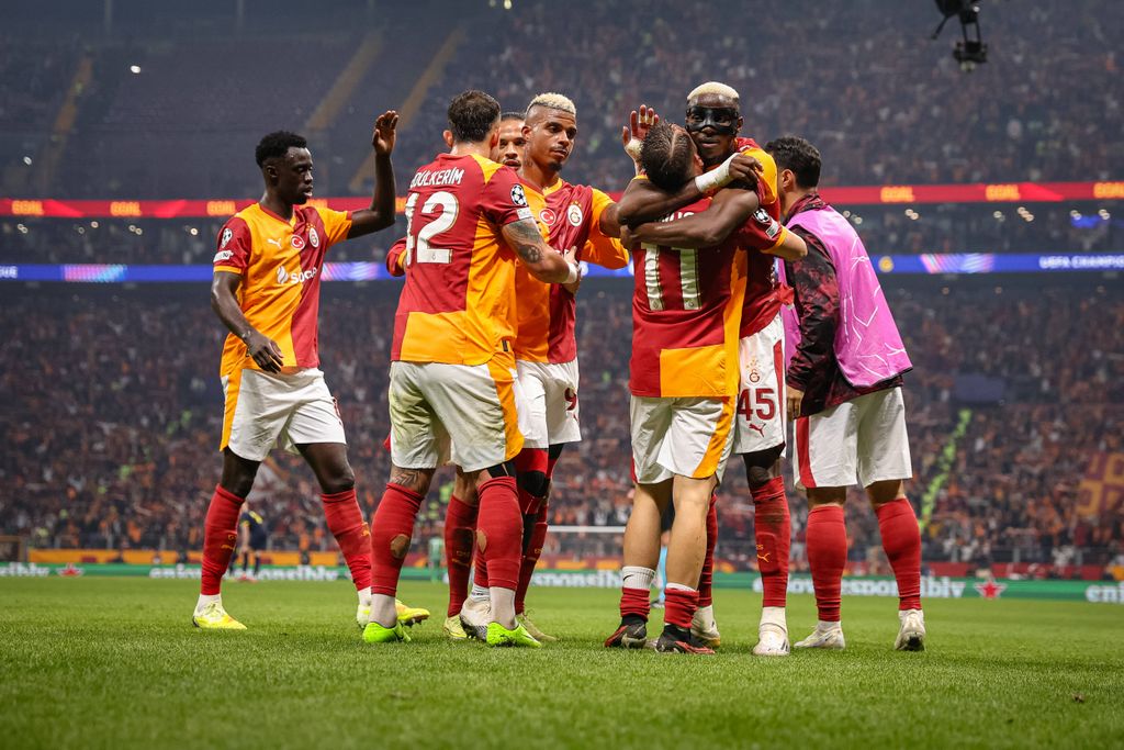 Yunus Akgun and Victor Osimhen celebrate the goal during the match. Galatasaray SK and FK Godo Glimt faced each other at UEFA Champions League 2025/26 League Phase MD3
