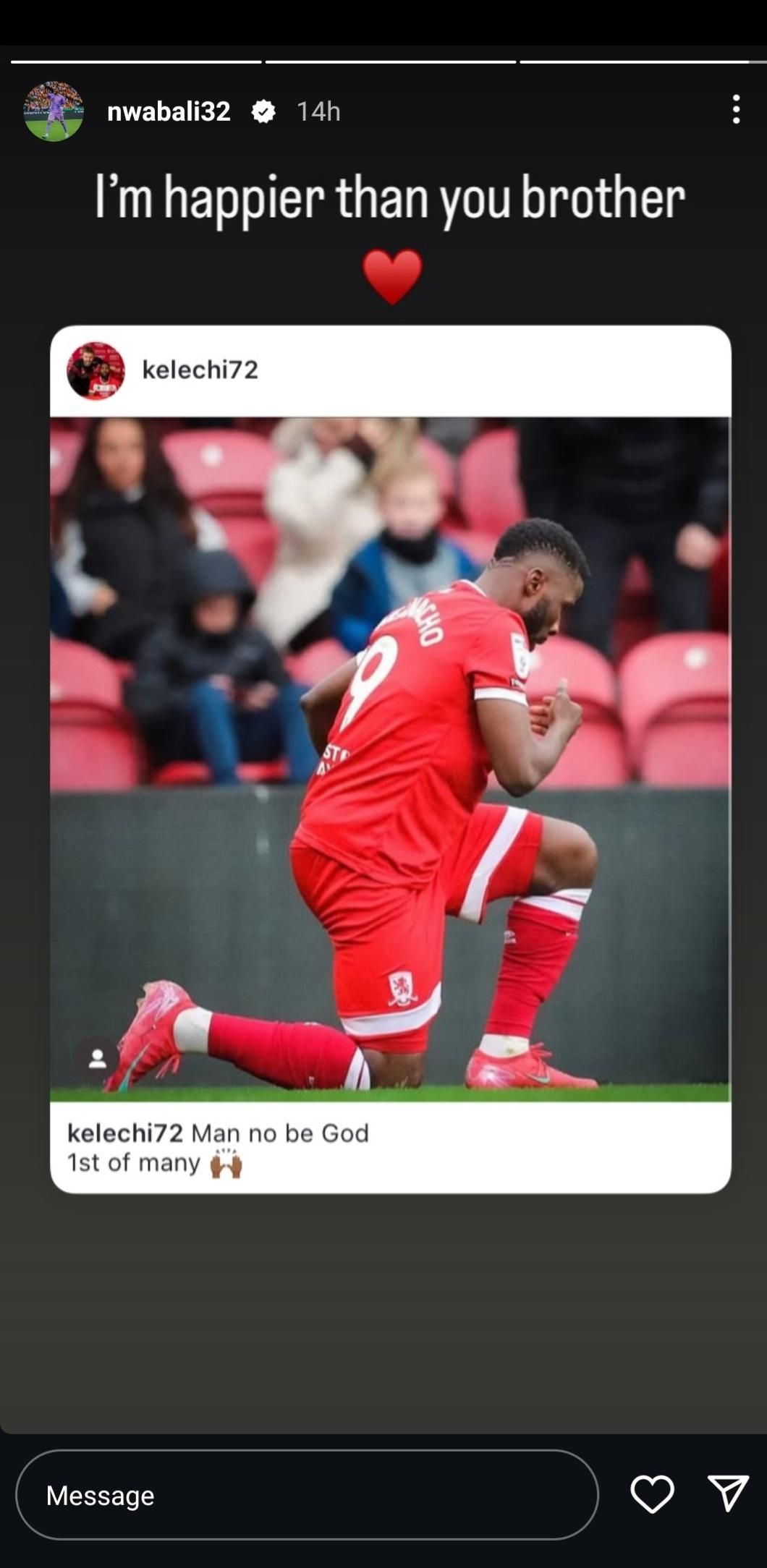 Stanley Nwabali congratulates Kelechi Iheanacho (Photo credit: Instagram)