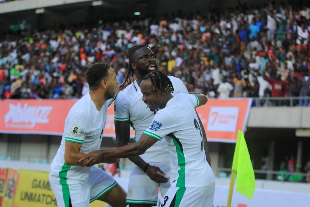 Cyriel Dessers, Tolu Arokodare and Bruno Onyemaechi of Nigeria during the 2026 FIFA World Cup qualifying match between the Super Eagles of Nigeria and the Amavubi of Rwanda