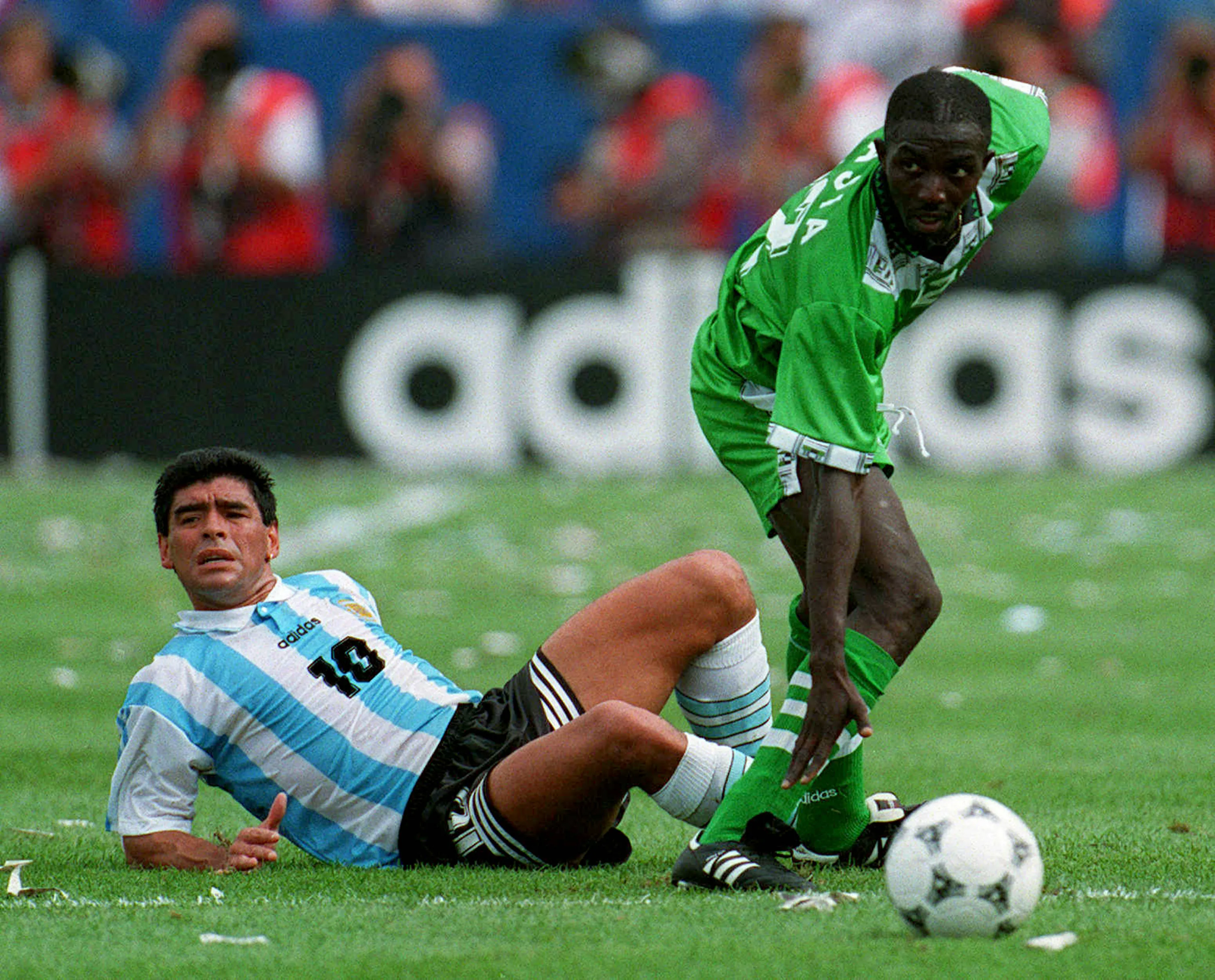 Samson Siasia and Diego Maradona clash during the FIFA World Cup Finals Group D match between Argentina and Nigeria