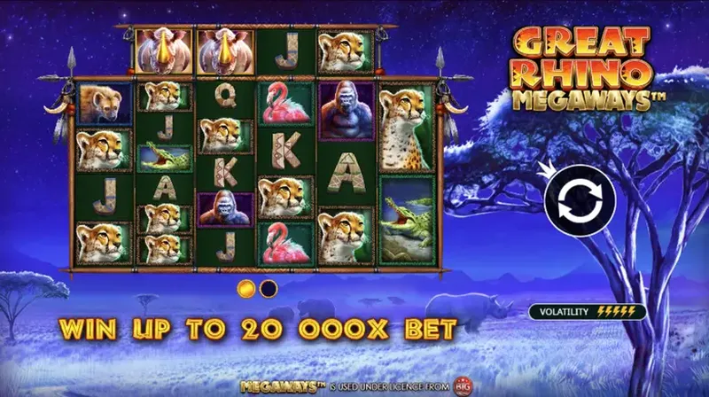 Great Rhino Megaways slot game interface with symbols on the reels.