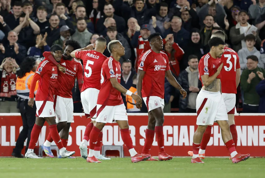 Anthony Elanga and Ola Aina of Nottingham Forest celebrate 1st goal during the Premier League match between Nottingham Forest FC and Manchester United