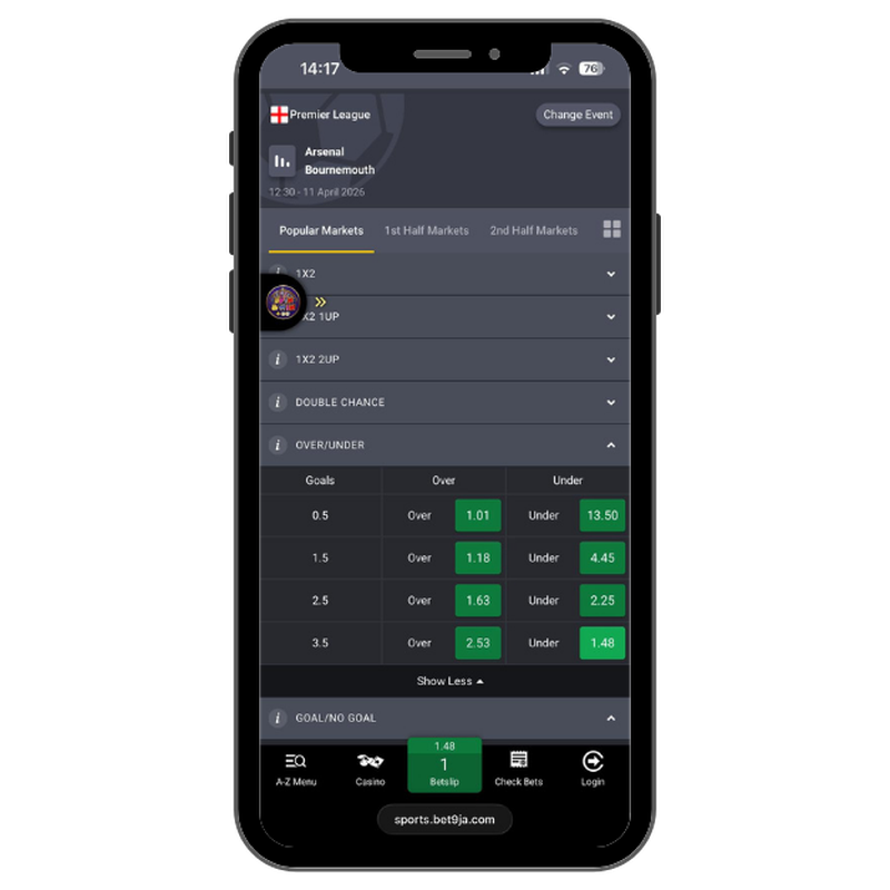 Bet9ja over/under market showing under 3.5 odds for Arsenal vs Bournemouth Premier League match.
