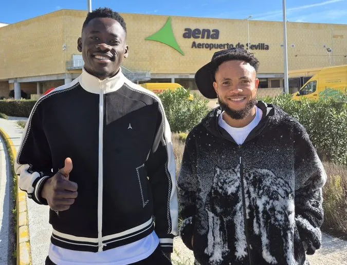 Akor Adams and Chidera Ejuke arrive in Sevilla